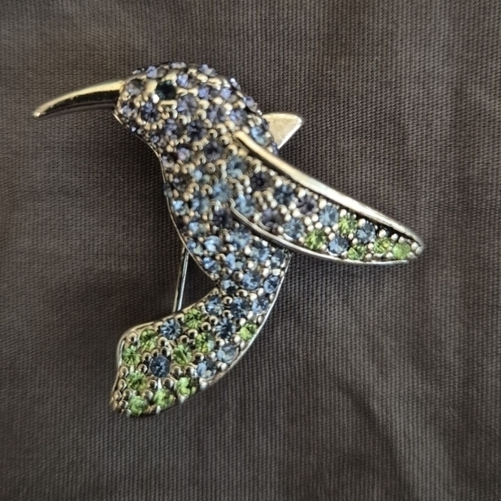 Monet Hummingbird Brooch Pin Rhinestone Crystal Green Blue Signed